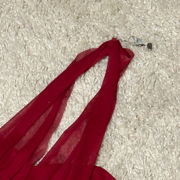 Y2K Holiday Red Asymmetrical Scarf Halter Dress Red Sparkles read caption - Picture 5 of 10